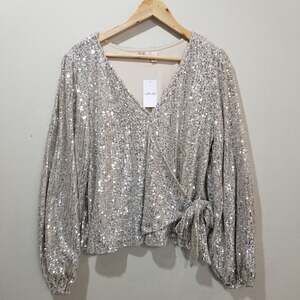 Willow + Root Top Womens Large Sequin Wrap Tie Front Blouse Party Glam